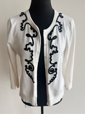 Carole Little White Cardigan with Black Appliqué Trim